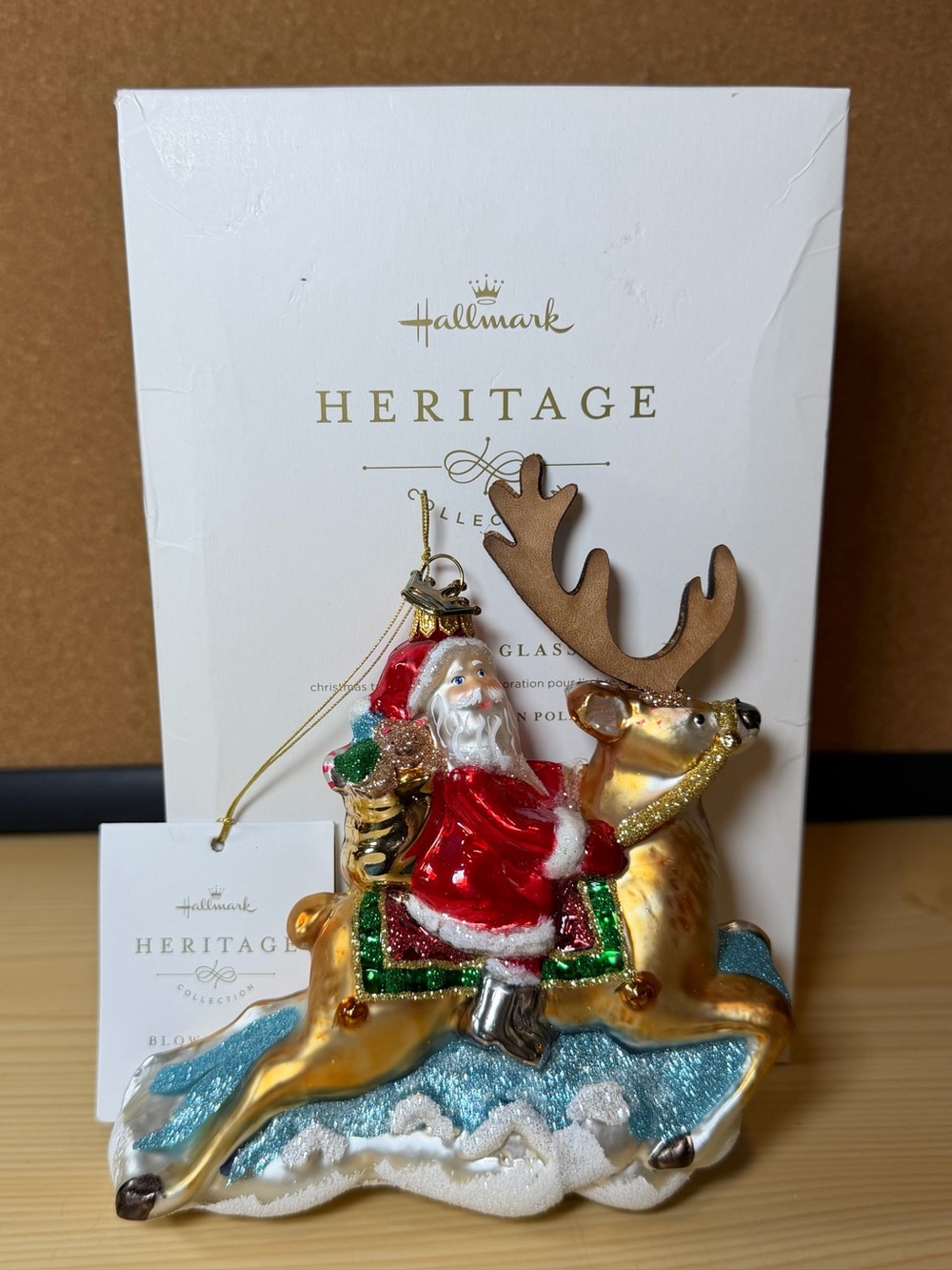 Hallmark Heritage Blown Glass Folk Art Santa Tree Ornament Reindeer Tags & Box